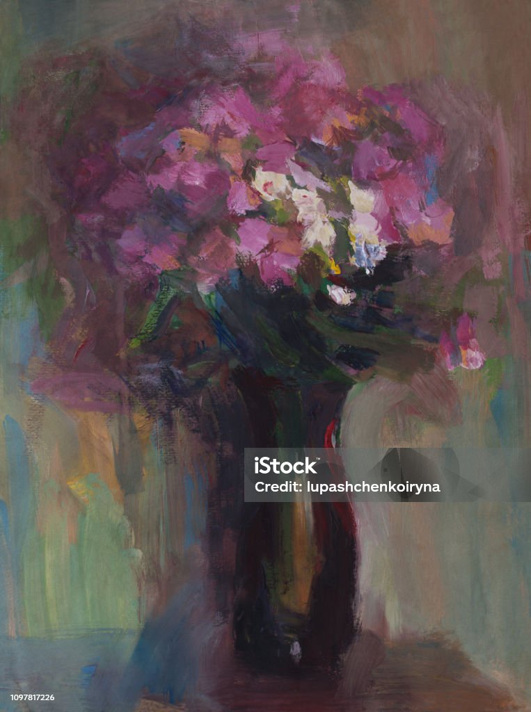 Fashionable illustration modern work of art my original oil painting on canvas in the power of impressionism vertical still life flowers a bouquet of phlox in a vase of dark glass Fashionable illustration modern work of art my original oil painting on canvas in the power of impressionism vertical still life flowers a bouquet of phlox in a vase of dark glass against the background of the evening dim light. Flower stock illustration