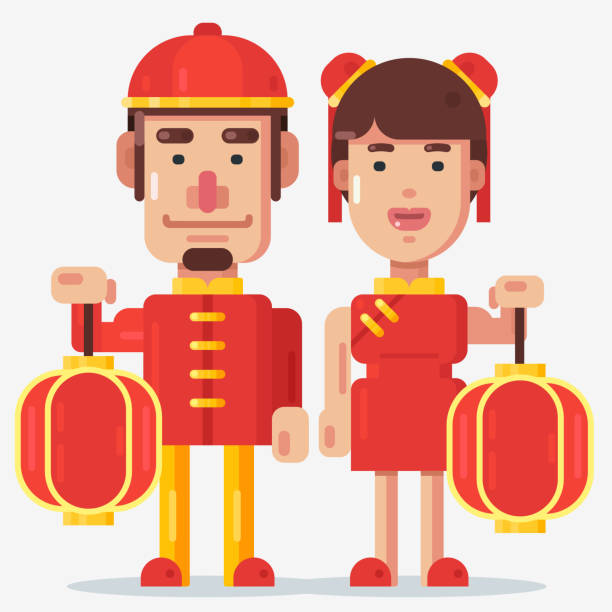 Young couple celebrate Chinese new year holding red lampion Young couple celebrate Chinese new year holding red lampion chinese lampion stock illustrations