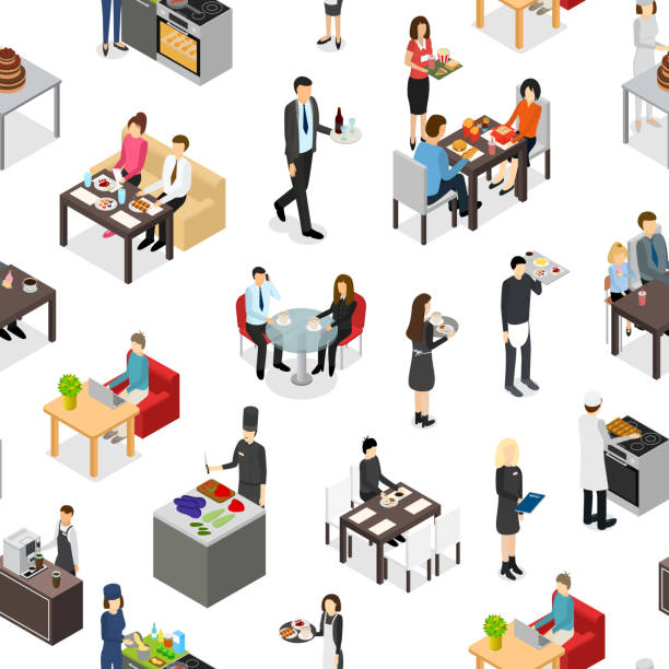 Cafe 3d Seamless Pattern Background Isometric View. Vector Cafe 3d Seamless Pattern Background on a White Isometric View. Vector illustration of People restaurant supervisor stock illustrations