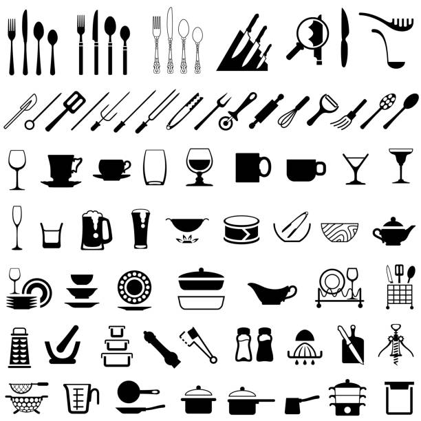 illustrations, cliparts, dessins animés et icônes de vaisselle et icônes d’ustensiles de cuisine - magasin dustensiles de cuisine