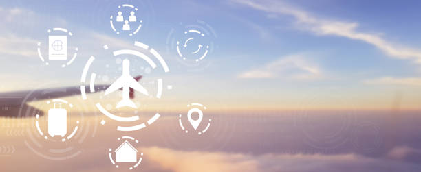 abstract blur morning sunrise sky background view from airplane window with symbol virtual interface of air traffic control  and journey icon , advance development technology of air transport concept