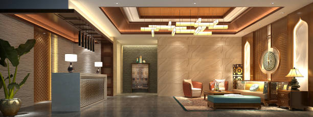 3d render hotelowy hol recepcji - hotel reception lobby hotel luxury zdjęcia i obrazy z banku zdjęć