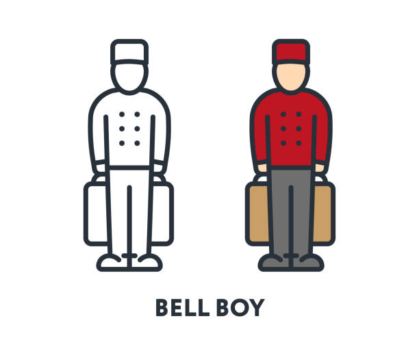 bell boy charakter in rote uniform mütze halten gepäck zimmerservice. vektor flache linie schlaganfall icon. - service bell suitcase hotel luggage stock-grafiken, -clipart, -cartoons und -symbole