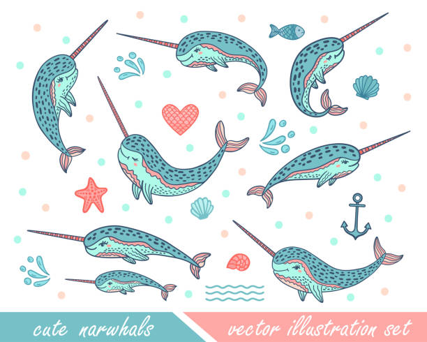 손으로 그린 귀여운 재미 narwhals의 집합입니다. 인쇄 디자인, 포스터, t-셔츠에 대 한 고래 낙서 - 일각돌고래 stock illustrations