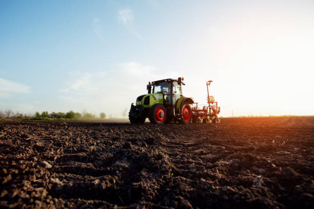 istock Farmer sowing crops at field with tractor. 1097842706