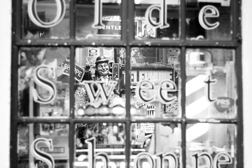 Penarth Pier, Wales, UK - January 19, 2019: Looking into the Olde sweet shoppe window.