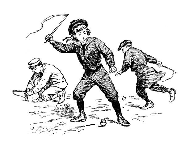 Antique old French engraving illustration: Outdoor children playing