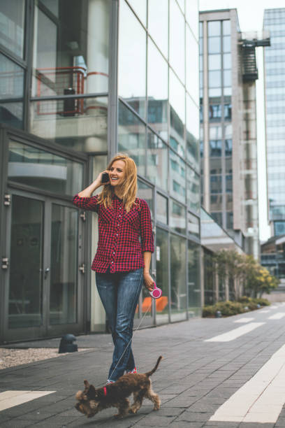 istock Woman using phone while walking with dog in the city 1097846480