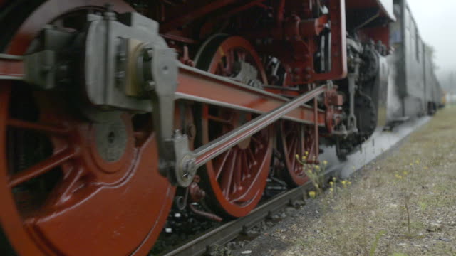 Steam train wheels rolling past