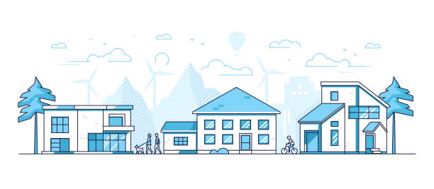 Town life - modern thin line design style vector illustration Town life - modern thin line design style vector illustration on white background. Blue colored composition, landscape with facades of cottage houses, people walking, cycling, mountains, windmills cloud outline background stock illustrations