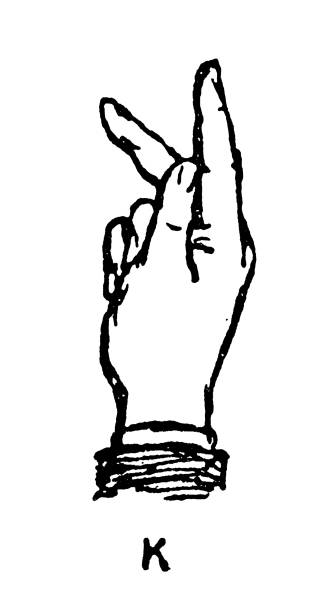 istock Antique old French engraving illustration: Sign language hand alphabet letter K 1097847822
