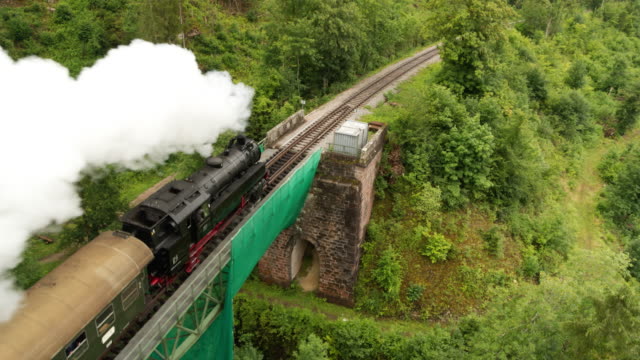 Aerial of old steam train with billowing smoke stack from behind