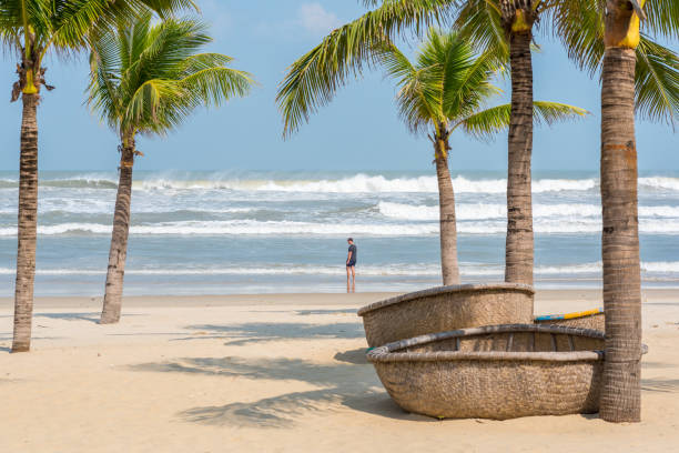 My Khe beach with coconut trees and basket boats Danang, Vietnam - November 1, 2018: My Khe beach with a figure of a young traveler, traditional Vietnamese basket boats lying on the sand, palm trees and coming large waves in the sea. basket boat stock pictures, royalty-free photos & images