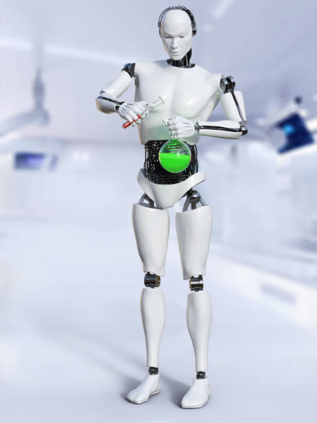 istock 3D rendering of male robot doing a science experiment. 1097863992