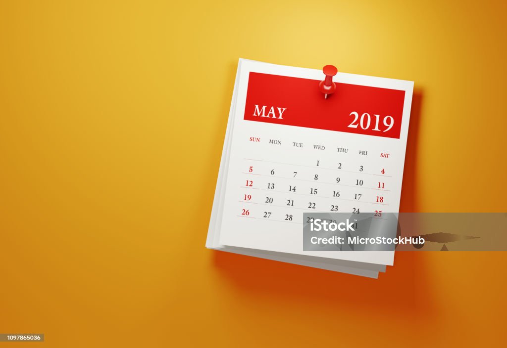 Post It May 2019 Calendar On Yellow Background Post it May 2019 calendar on yellow background. Horizontal composition with copy space. Calendar and reminder concept. Calendar Stock Photo