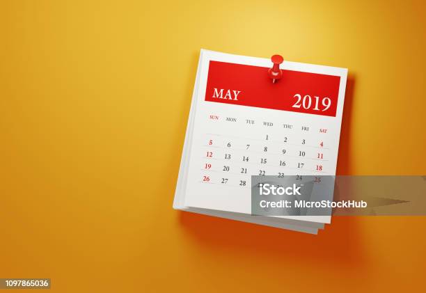 Post It May 2019 Calendar On Yellow Background Stock Photo - Download Image Now - Calendar, May, 2019