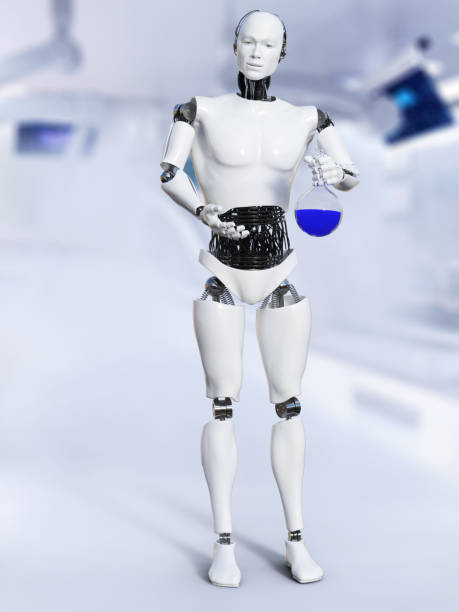 istock 3D rendering of male robot doing a science experiment. 1097871170