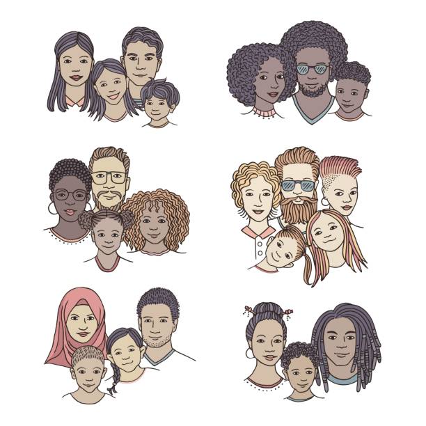 Hand drawn diverse family portraits Hand drawn family portraits, parents and children from diverse ethnicities diverse family stock illustrations