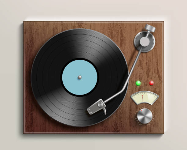 Vintage record player with retro vinyl disc. Realistic illustration. Vintage record player with retro vinyl disc. Vector realistic illustration. retro turntable stock illustrations