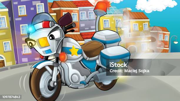 Cartoon Scene With Police Motorcycle Driving Through The City Policeman  Stock Illustration - Download Image Now - iStock