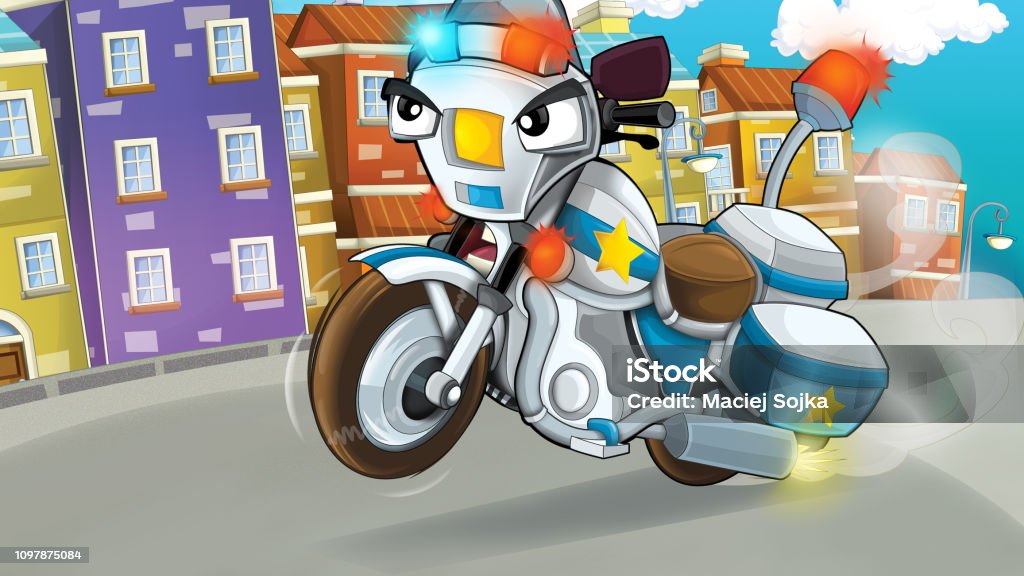 Cartoon Scene With Police Motorcycle Driving Through The City Policeman  Stock Illustration - Download Image Now - iStock