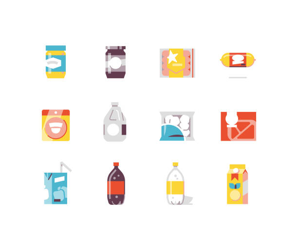 ilustrações, clipart, desenhos animados e ícones de bens de consumo 2 - alimentos plano de ícones - packaging horizontal non alcoholic beverage orange juice