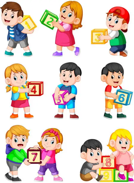 Vector illustration of Let's count to ten with kids holding box