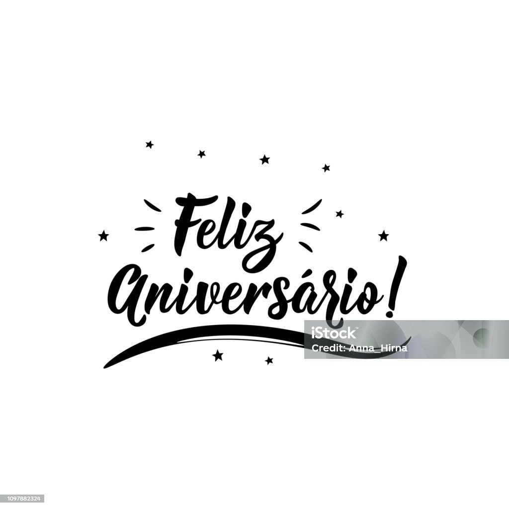 Happy Birthday in Portuguese. Ink illustration with hand-drawn lettering. Feliz Aniversario Feliz Aniversario. Lettering. Translation from Portuguese- Happy Birthday. Modern vector brush calligraphy. Ink illustration Birthday stock vector