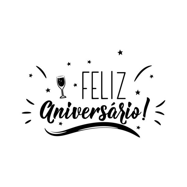 ilustrações de stock, clip art, desenhos animados e ícones de happy birthday in portuguese. ink illustration with hand-drawn lettering. feliz aniversario - portuguese language