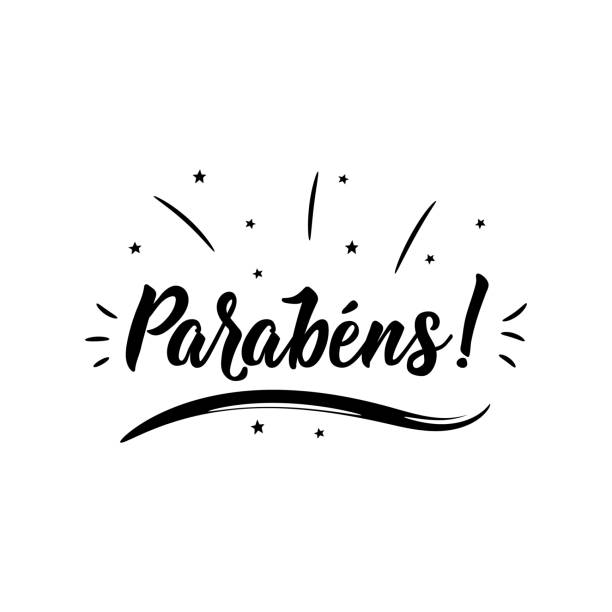 포르투갈어에 축 하입니다. 손으로 그린 글자와 잉크 그림입니다. parabens입니다. - 포르투갈어 일러스트 stock illustrations