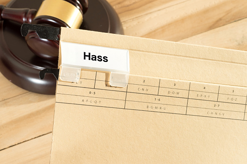 A judge's hammer and folder with the imprint Hass