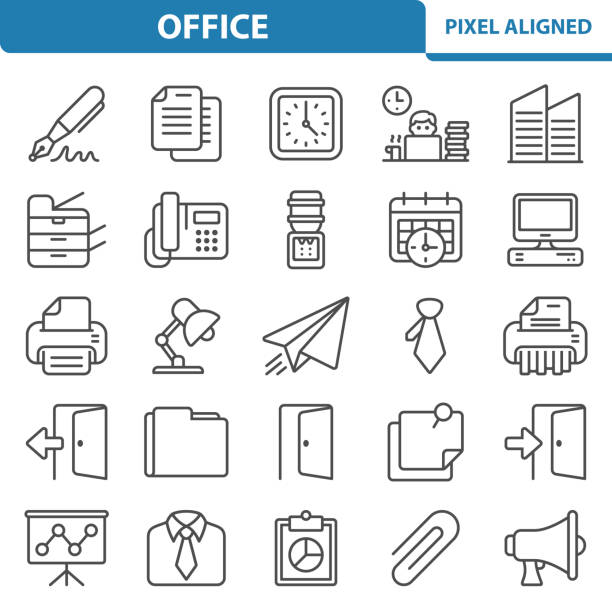 illustrazioni stock, clip art, cartoni animati e icone di tendenza di icone di office - paper clip document file note pad