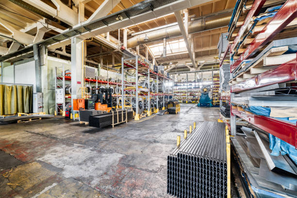 istock Factory warehouse steel reinforcement. High stacked shelving. 1097890532