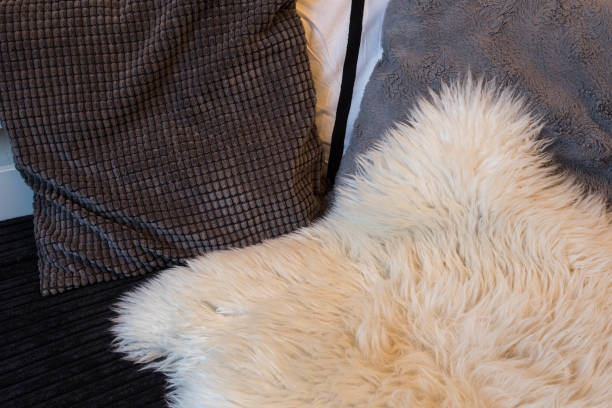 istock Grey pillows on sofa close up with wool blanket 1097893356