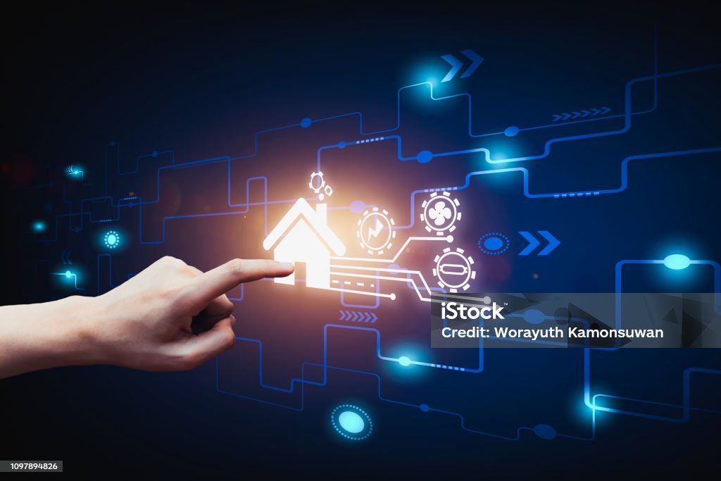 Smart home automation control system. The finger presses the command to the smart house, Smart home automation control system. Home Automation Stock Photo