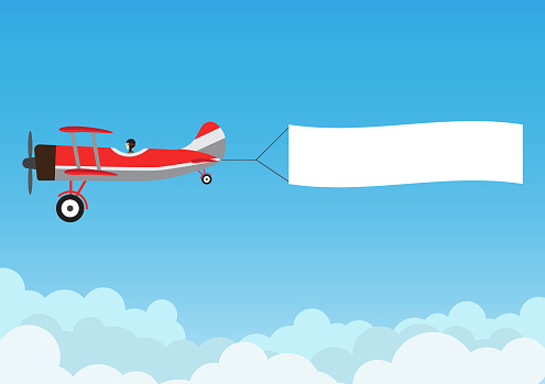 Retro airplane flying with advertising banner on blue sky - Vector illustration