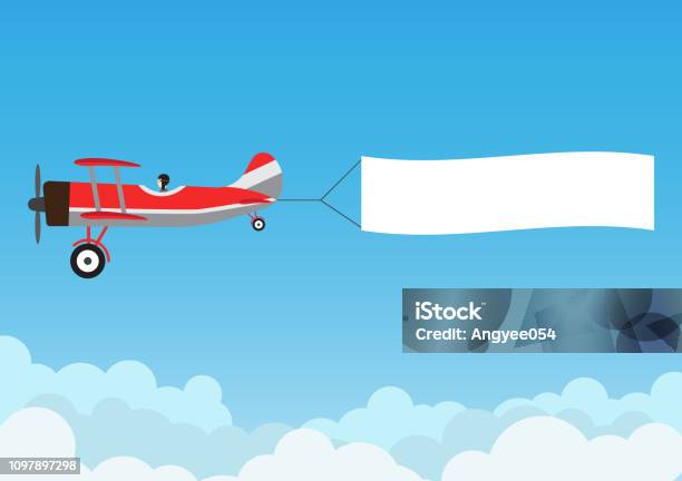 Retro Airplane Flying With Advertising Banner On Blue Sky Vector Illustration Stock Illustration - Download Image Now