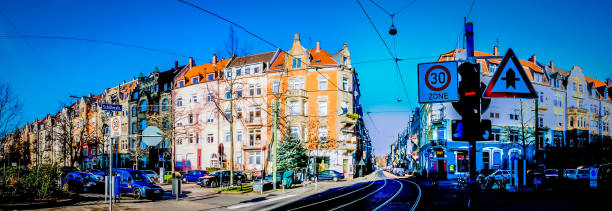A panoramic picture of a street in Karlsruhe, Germany Karlsruhe, Baden-Württemberg / Germany - 12 23 2009: A street downtown Karlsruhe city with the tram rails in the Schwarzwald or Black Forest in the southwest of Germany karlsruhe durlach stock pictures, royalty-free photos & images