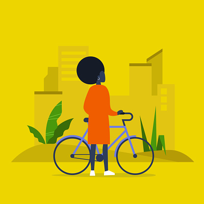 Urban transportation. Young black female character standing with a bike. Healthy lifestyle. Flat editable vector illustration, clip art