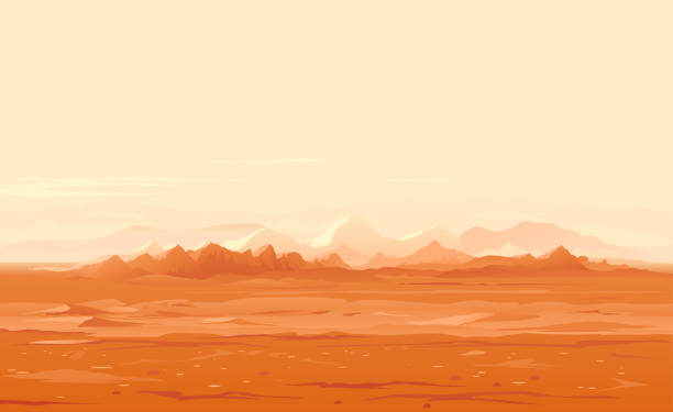 Martian surface panorama landscape Martian orange surface panorama landscape background on a sunny day, sand hills with stones on a deserted planet, landscape of Mars planet mars stock illustrations