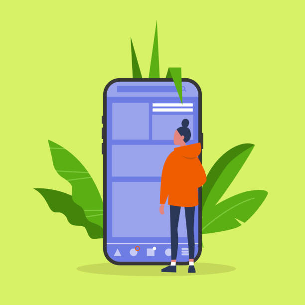 Young female character standing in front of the  smartphone screen. Social media life. Digital space. Millennial user. Flat editable vector illustration, clip art Young female character standing in front of the  smartphone screen. Social media life. Digital space. Millennial user. Flat editable vector illustration, clip art news feed icon stock illustrations