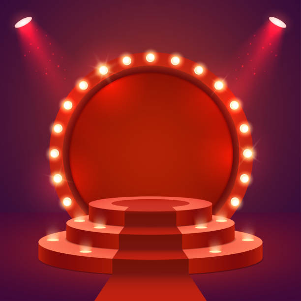 Stage podium with ceremonial red carpet and lighting. Empty Scene for award ceremony with round frame and light bulbs. Two spotlights illuminate the pedestal. Vector illustration. Stage podium with ceremonial red carpet and lighting. Empty Scene for award ceremony with round frame and light bulbs. Two spotlights illuminate the pedestal. Vector illustration. red carpet stock illustrations