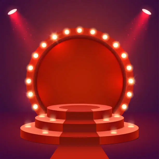 Vector illustration of Stage podium with ceremonial red carpet and lighting. Empty Scene for award ceremony with round frame and light bulbs. Two spotlights illuminate the pedestal. Vector illustration.