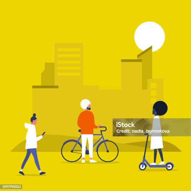 Urban Transportation Bikes And Electric Scooters Park Outdoor Young People Walking And Riding Vehicles Flat Editable Vector Illustration Clip Art Stock Illustration - Download Image Now