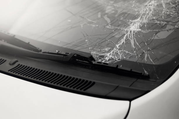 Crash  windshield glass of car. stock photo