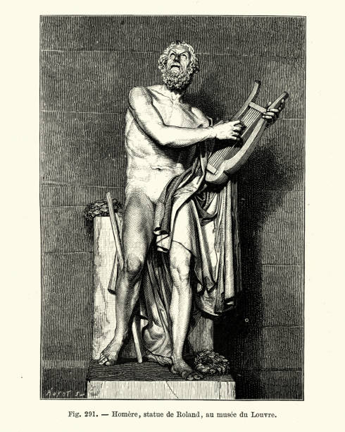 Vintage engraving Sculpture, Statue of Homer by Philippe-Laurent Roland. Homer is the legendary author of the Iliad and the Odyssey, two epic poems that are the central works of ancient Greek literature.