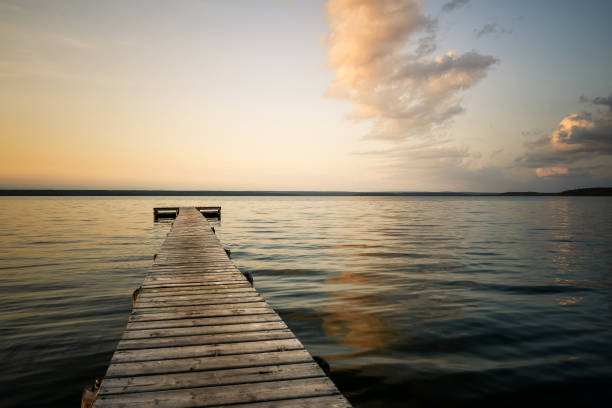 Lake and dock at sunset, Meadow Lake Provincial Park, Saskatchewan.