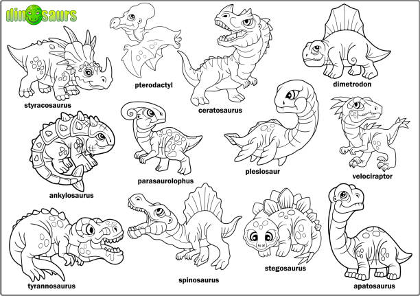 cartoon prehistoric dinosaurs, coloring book, set of images cute cartoon prehistoric dinosaurs, coloring book, set of images dinosaur drawing stock illustrations