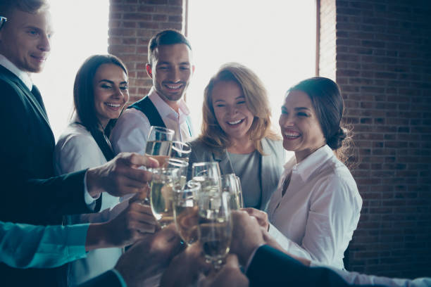 istock Nice attractive cheerful positive elegant classy chic professional business people sharks celebrating company progress at space work place workstation 1097931376