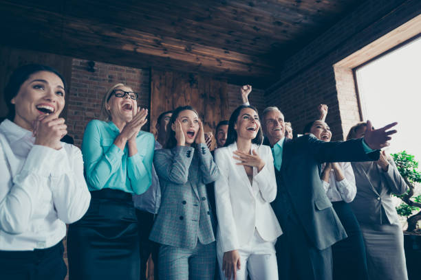 istock Omg wow embarrassed confused spectators audience concept. Funky comic situation with presenter mentor couch during training pointing showing finger look watch at fail failure of boss 1097943728